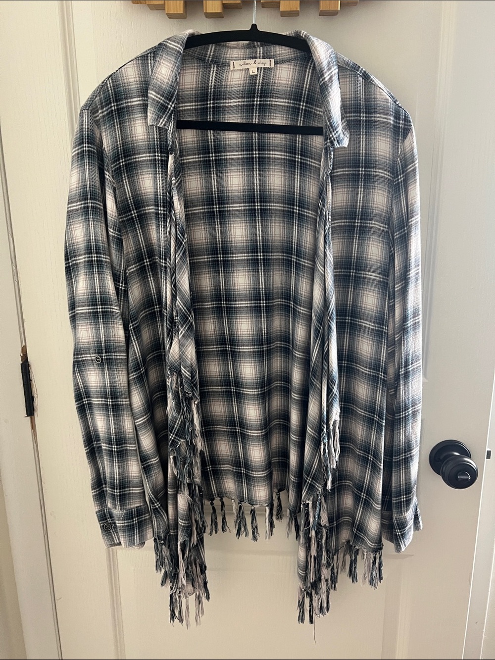 Willow & Clay Black and White Plaid Fringe Open-Front Cardigan